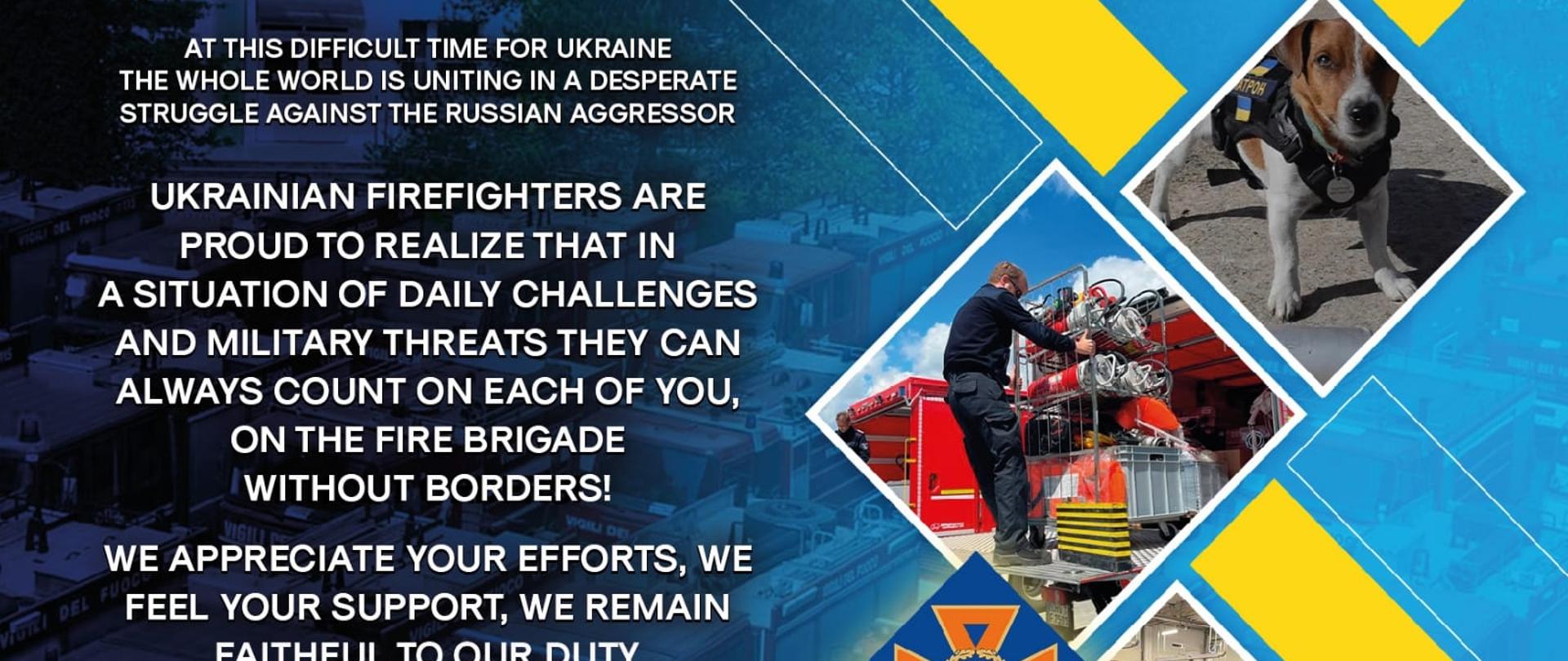 Na zdjęciu widać grafikę w kolorach niebiesko-żółtych z białymi napisami w języku angielskim, wyrażającymi podziękowanie dla polaków za pomoc i wsparcie w obliczu walki z rosyjskim agresorem.