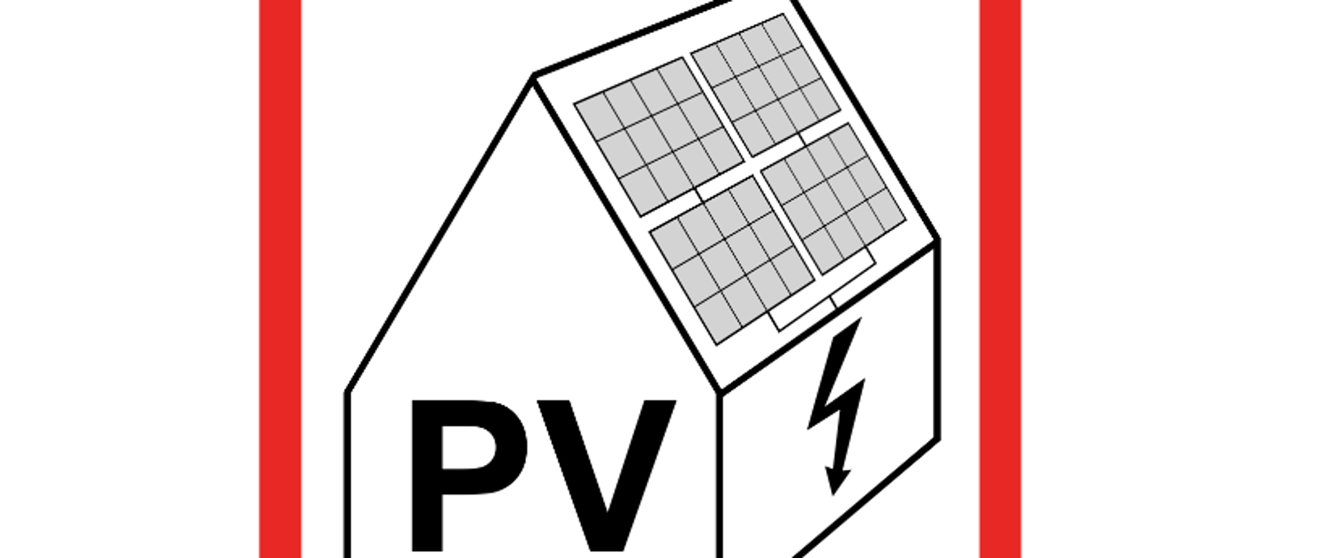 Zdjęcie przedstawia znak ostrzegawczy o występowaniu instalacji fotowoltaicznej w budynku - schemat domu z napisem PV oraz znakiem błyskawicy. Wokół domu czerwona obwódka.