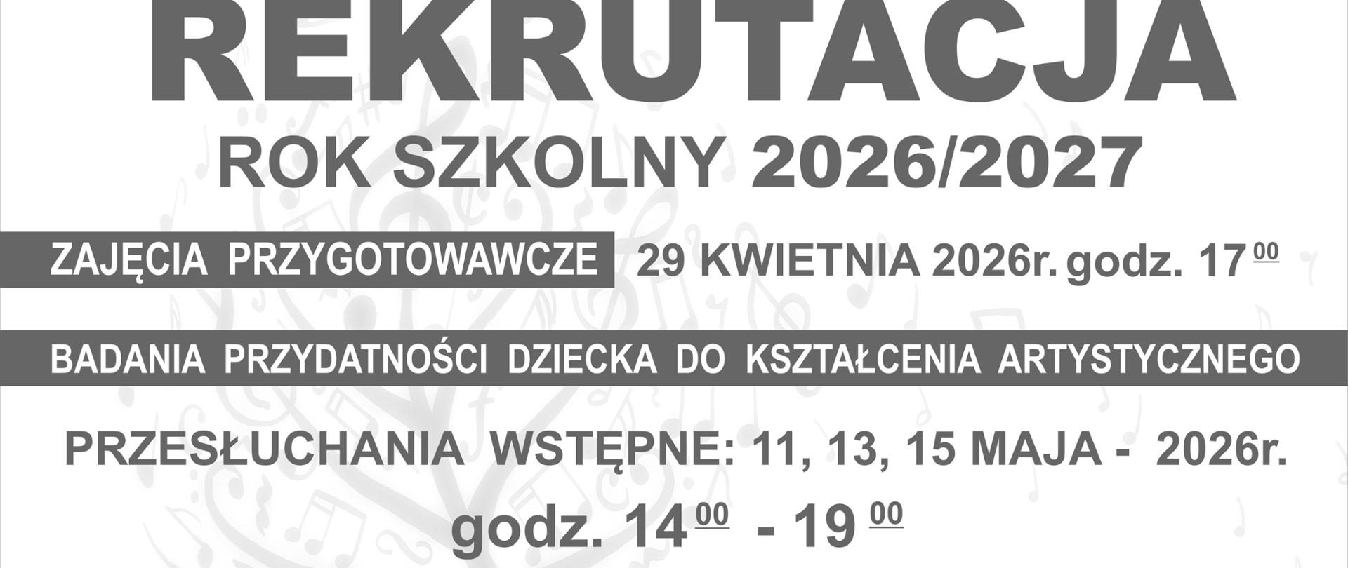 Plakat z widokiem budynku szkoły. W górnej części plakatu niebieskie tło z wpisem Państwowa Szkoła Muzyczna I st. im. Andrzeja Kurylewicza w Namysłowie, Namysłów, ul. Józefa Piłsudskiego 11, tel. 774101261, www.gov.pl/psmnamyslow. W dolnej części plakatu na białym tle wpis: Rekrutacja rok szkolny 2026/2027, zajęcia przygotowawcze 29 kwietnia 2026r. godz.17:00, badania przydatności dziecka do kształcenia artystycznego przesłuchania wstępne 11, 13, 15 maja 2026r. godz.14:00-19:00. Szkoła prowadzi naukę gry na instrumentach: fortepian, gitara, skrzypce, saksofon, flet, trąbka, akordeon, perkusja, puzon. Wnioski o przyjęcie do szkoły składamy w sekretariacie szkoły lub drogą elektroniczną na adres: sekretariat@psmnamyslow.pl. Do wniosku dołączamy zaświadczenie lekarskie o braku przeciwwskazań do nauki w Państwowej Szkole Muzycznej. Wnioski przyjmujemy do 15 maja 2026 roku.