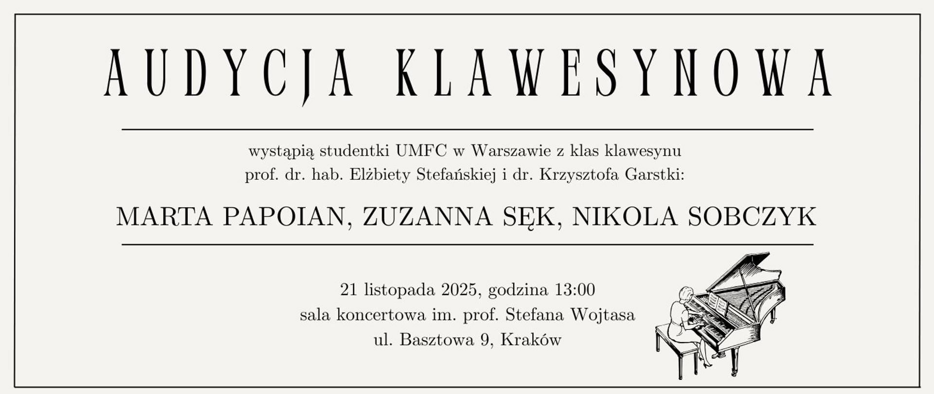 Audycja klawesynowa 21.11.2025 godz.13.00 kremowy plakat grafika grająca postać 