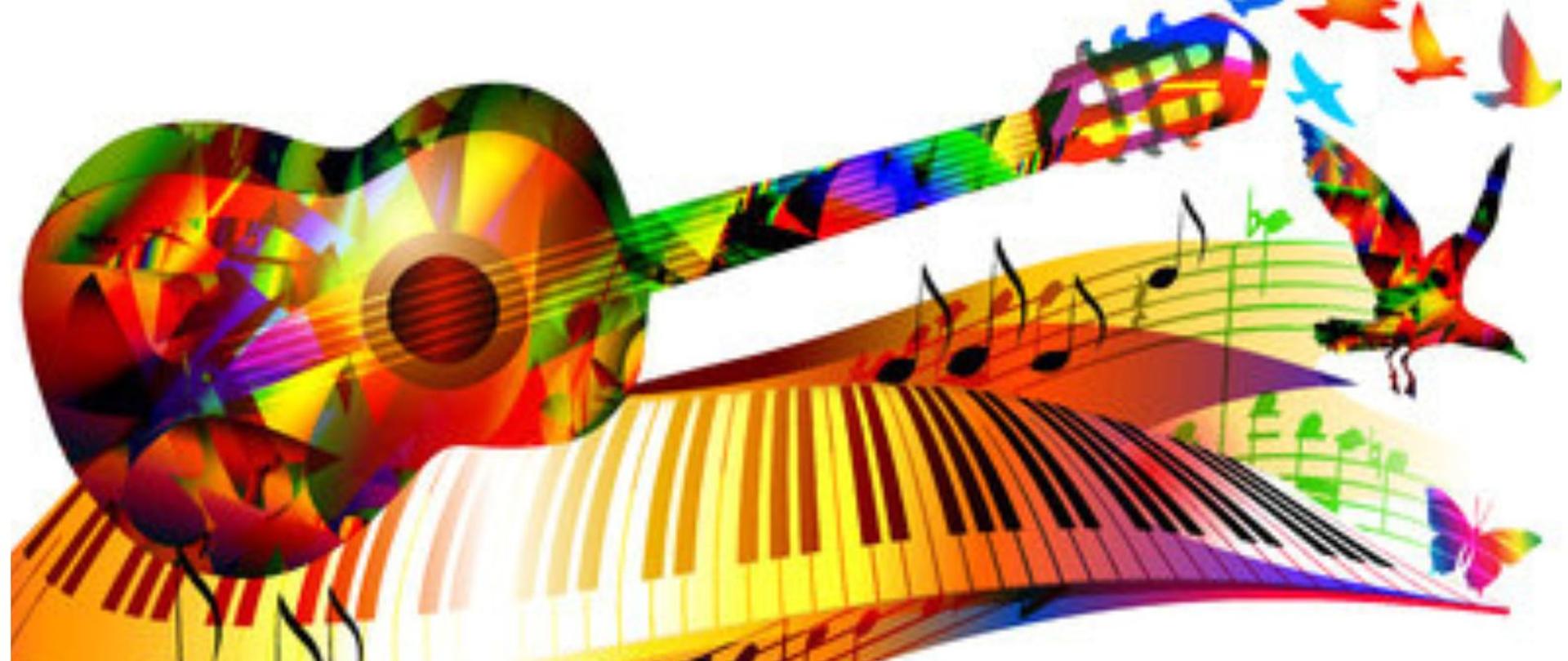 plakat w pionie, w centrum plakatu kolorowa grafika gitary klasycznej, ułożonej na kolorowej klawiaturze instrumentu klawiszowego z kolorowymi nutami oraz rysunkami ptaków. Nad rysunkiem w kolorze granatowym nazwa wydarzenia audycja uczniów klasy gitary pana Dariusza Leczyckiego , pod rysunkiem w kolorze czerwonym i niebieskim data wydarzenia 19 styczeń, godzina 18.30 oraz informacja o wolnym wstępie. Na samej górze plakatu od lewej strony logo Funduszy Europejskich niebieski prostokąt z trzema gwiazdami w kolorze białym, żółtym i czerwonym; logo szkoły czarna główka instrumentu smyczkowego oraz dużymi literami skrót PSM; po prawej stronie flaga Unii Europejskiej niebieski prostokąt z okręgiem z żółtych gwiazd.