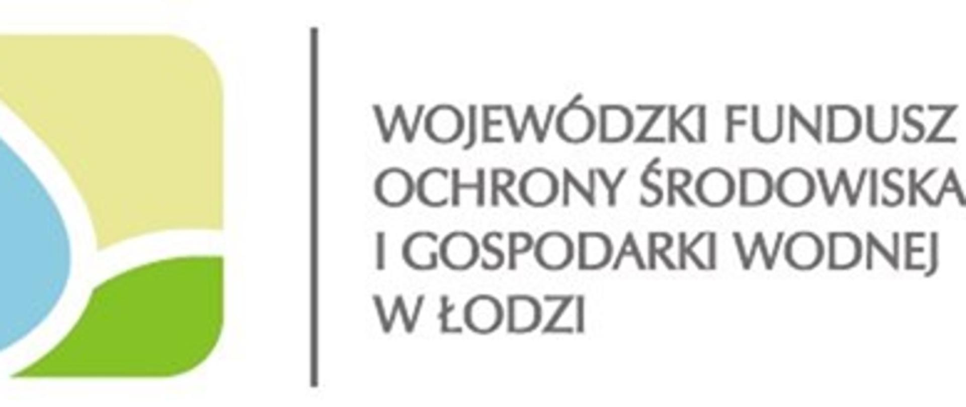 Zdjęcie przedstawia kwadrat podzielony na trzy części koloru zielonego piaskowego i niebieskiego, po prawej stronie napis Wojewódzki Fundusz Ochrony Środowiska i Gospodarki Wodnej w Łodzi
