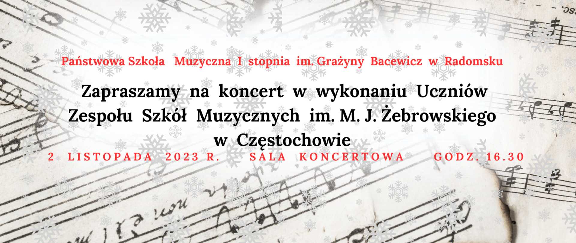Na białym tle znajdują się grafiki tekstu nutowego w kolorze ciemnoszarym oraz napisy informacyjne w kolorach czarnym i czerwonym.