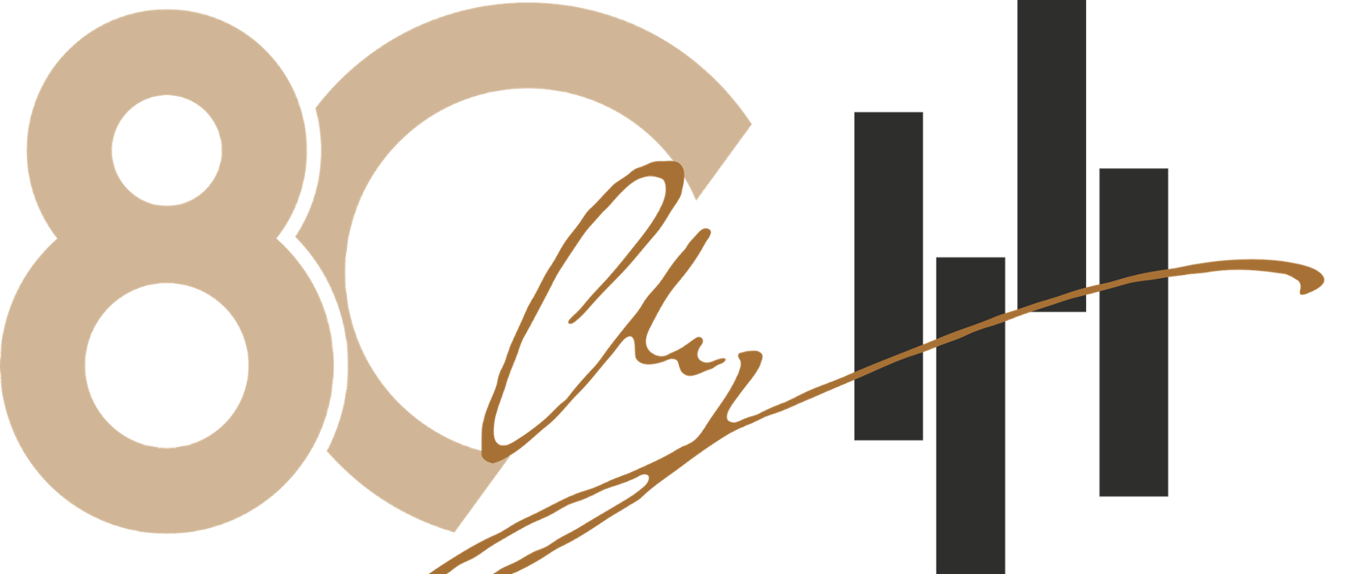 Białe tło, od lewej cyfra 80 dalej logo Państwowej Szkoły Muzycznej I i II st. im. F.Chopina w Nowym Targu