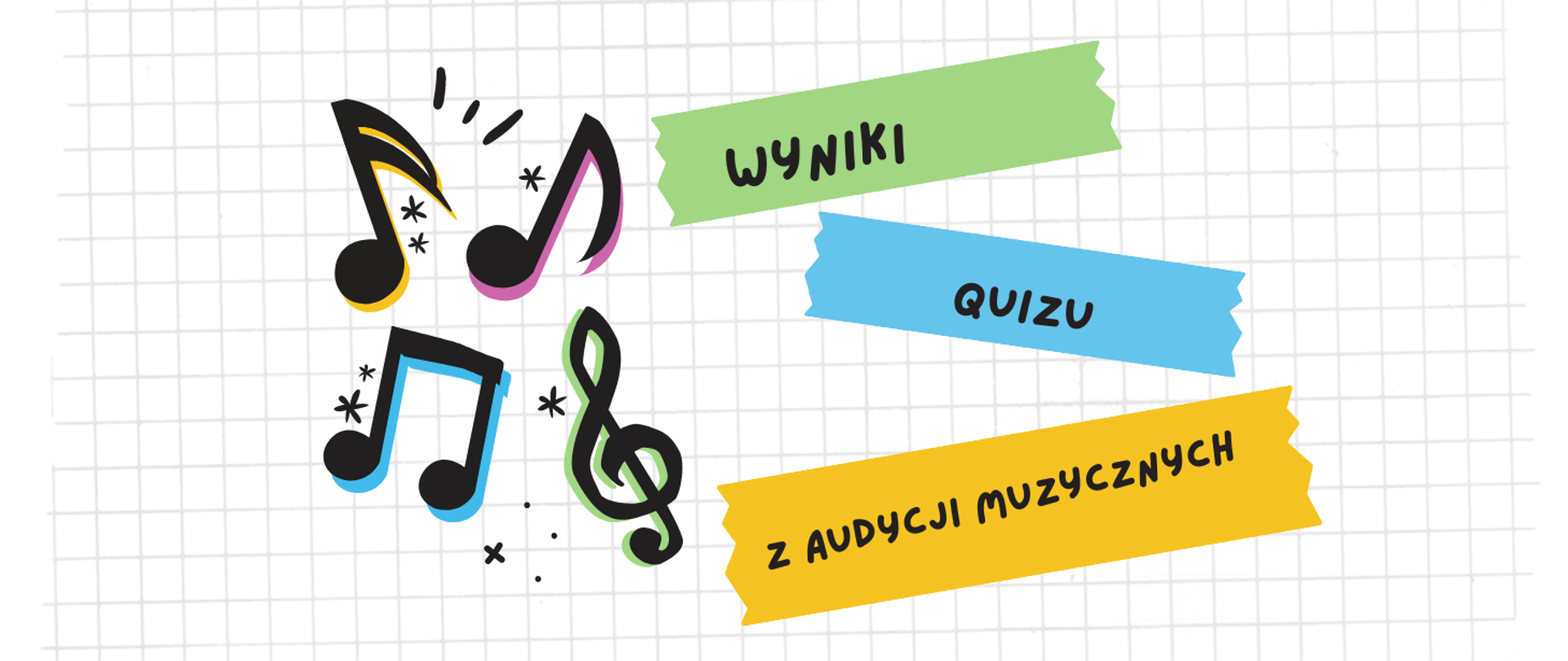Plansza przedstawiające kartę w kratkę, z lewej strony 4 kolorowe nuty, z prawej strony w nieregularnych figurach tekst: wyniki quizu z audycji muzycznych.