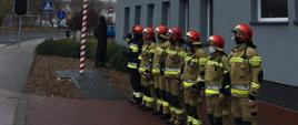 Siedmiu strażaków stoi przed budynkiem komendy. Dowódca oddaje honor. 