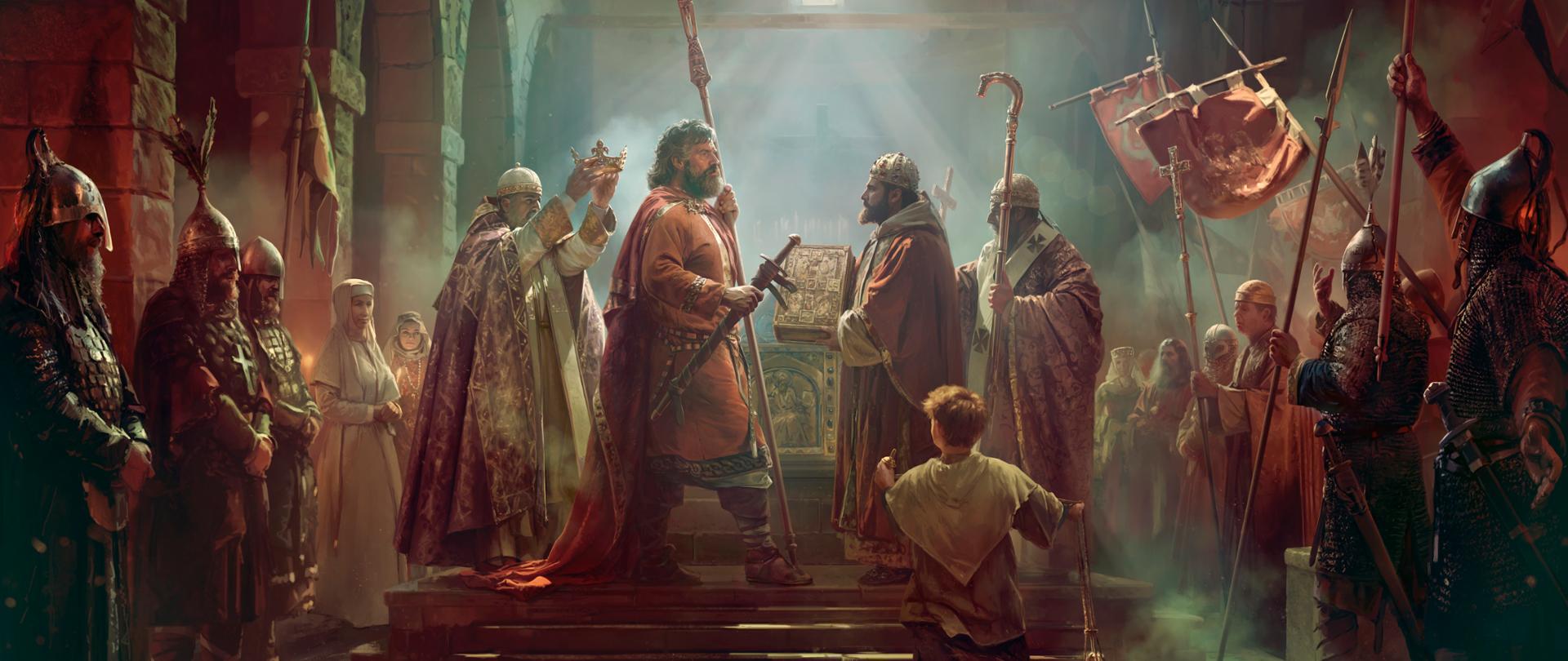 Obraz cyfrowy - wiele postaci ubranych w stroje sprzed tysiąca lat we wnętrzu romańskiej świątyni lub zamku. W środku sceny mężczyzna z włócznią, wokół kilku kapłanów, po bokach rycerze w hełmach, z włóczniami. Całość sceny pogrążona w delikatnym mroku, na środku, na górze, niewielkie okienko, przez które wpadają snopy światła