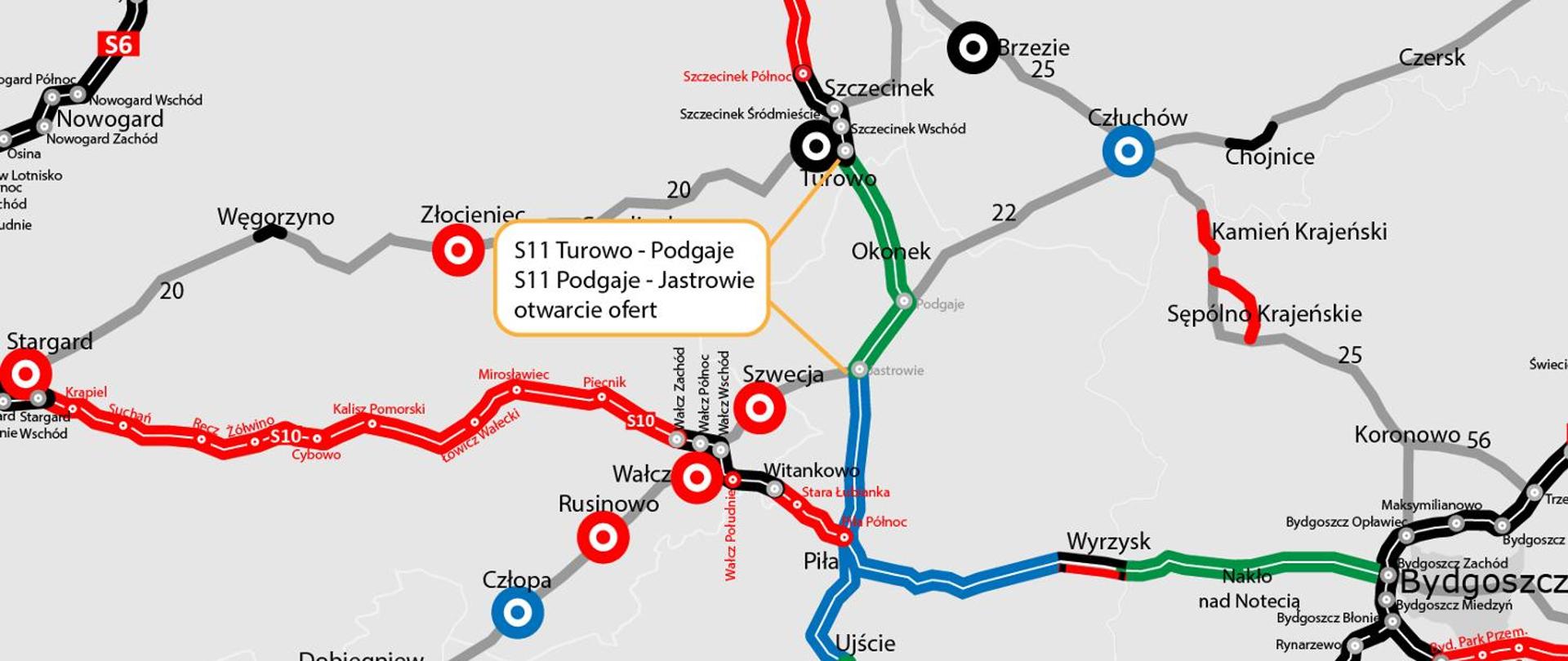 Fragment mapy drogowej przedstawiającej planowane i istniejące odcinki dróg ekspresowych w północno-zachodniej Polsce. Widoczne są oznaczenia tras S10, S11, S6 oraz inne połączenia. Mapa pokazuje miejscowości takie jak Szczecinek, Turowo, Okonek, Złocieniec, Węgorzyno, Piła, Wyrzysk, Człuchów, Chojnice, Nakło nad Notecią oraz Bydgoszcz. Kolorowe linie oznaczają różne etapy inwestycji drogowych — czerwone dla budowy, czarne dla istniejących odcinków, zielone dla planowanych oraz niebieskie dla projektowanych łączników. Na środku umieszczono żółtą chmurkę z informacją: ‚S11 Turowo – Podgaje, S11 Podgaje – Jastrowie, otwarcie ofert’.