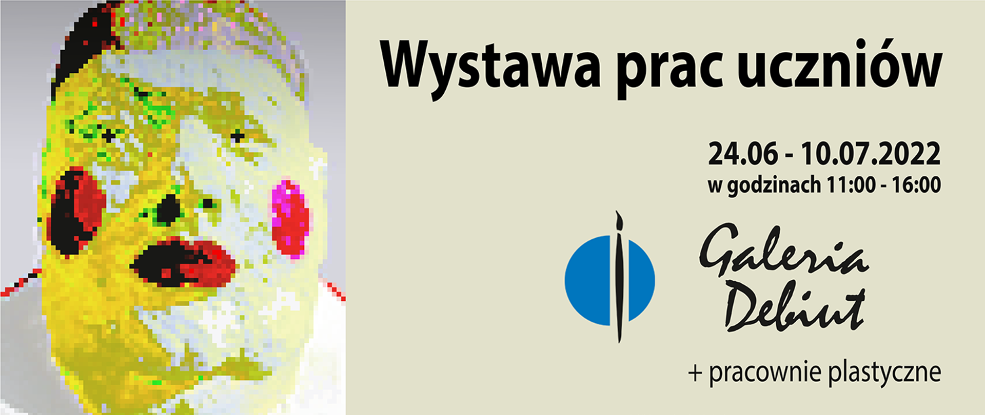 Po lewej stronie w tle abstrakcyjna twarz z czerwonymi ustami i rumieńcami. Z prawej strony pistacjowe tło i napisy informujące o wystawie prac uczniów ZSP w Gdyni.
