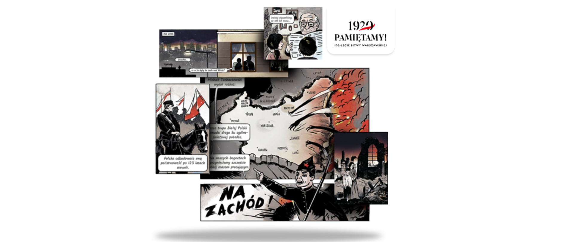 Fragment konkursu o Bitwie Warszawskiej 1920 r. Obrazek jest w szarej kolorystyce z czerwonymi elementami symbolizującymi wojnę. 