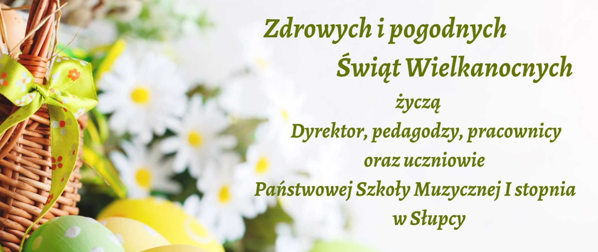 Życzenia wielkanocne, po lewej zdjęcie ozdób świątecznych, wszystko na białym tle
