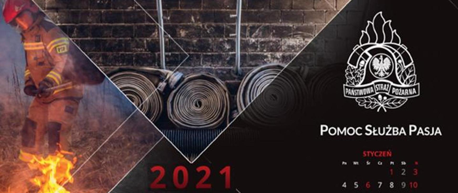 Na zdjęciu logo Państwowej Straży Pożarnej na czarnym tle oraz węże pożarnicze