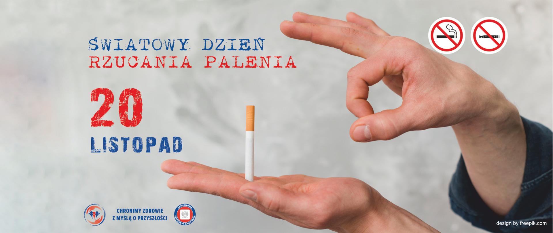 Dwie dłonie, na jednej stojący papieros, druga strąca go prztyczkiem.