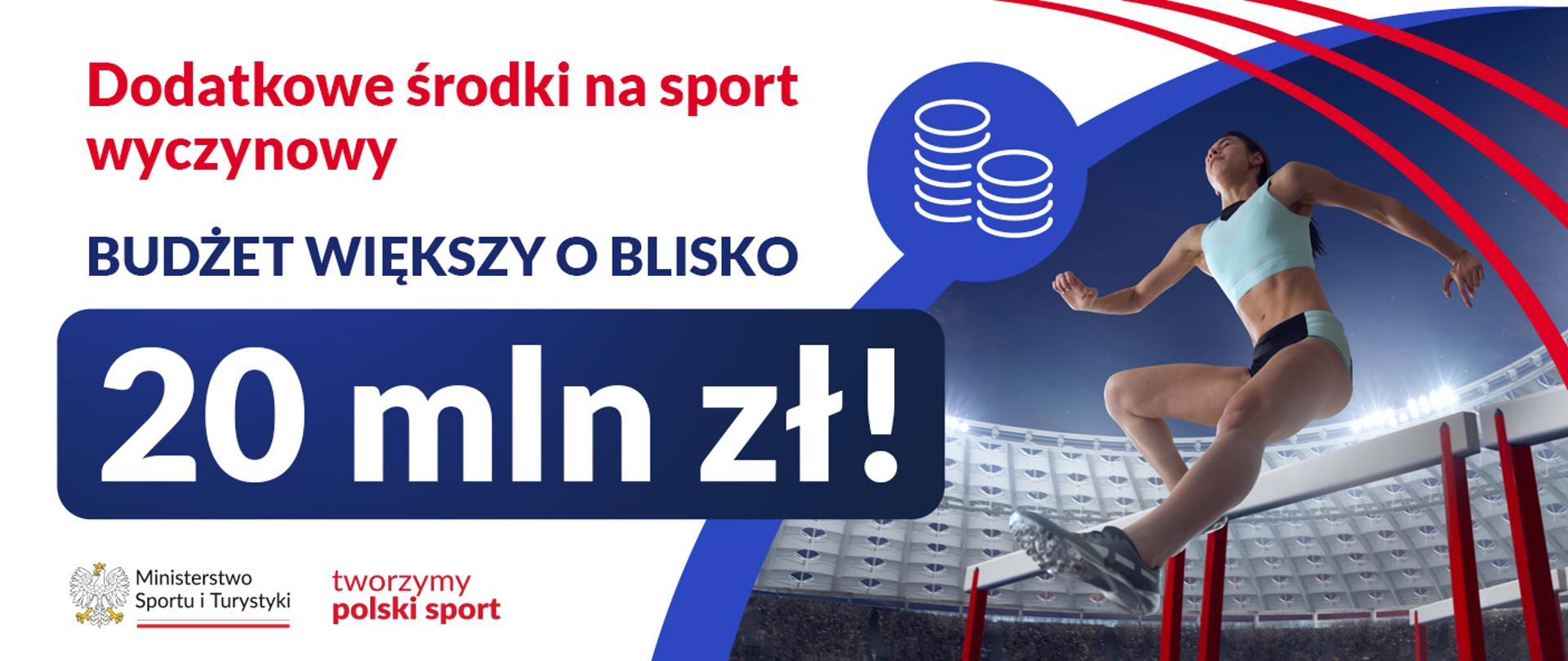 Lekkoatletka skacząca przez płotki, napis Dodatkowe środki na sport wyczynowy, budżet większy o blisko 20 mln zł!