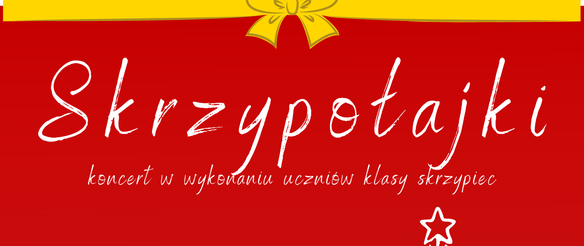 Plakat na czerwonym tle z logo szkoły w lewym dolnym roku, ikoną choinki w kolorze białym i informacją o koncercie w dniu 14 grudnia o godz. 17.00 w sali koncertowej