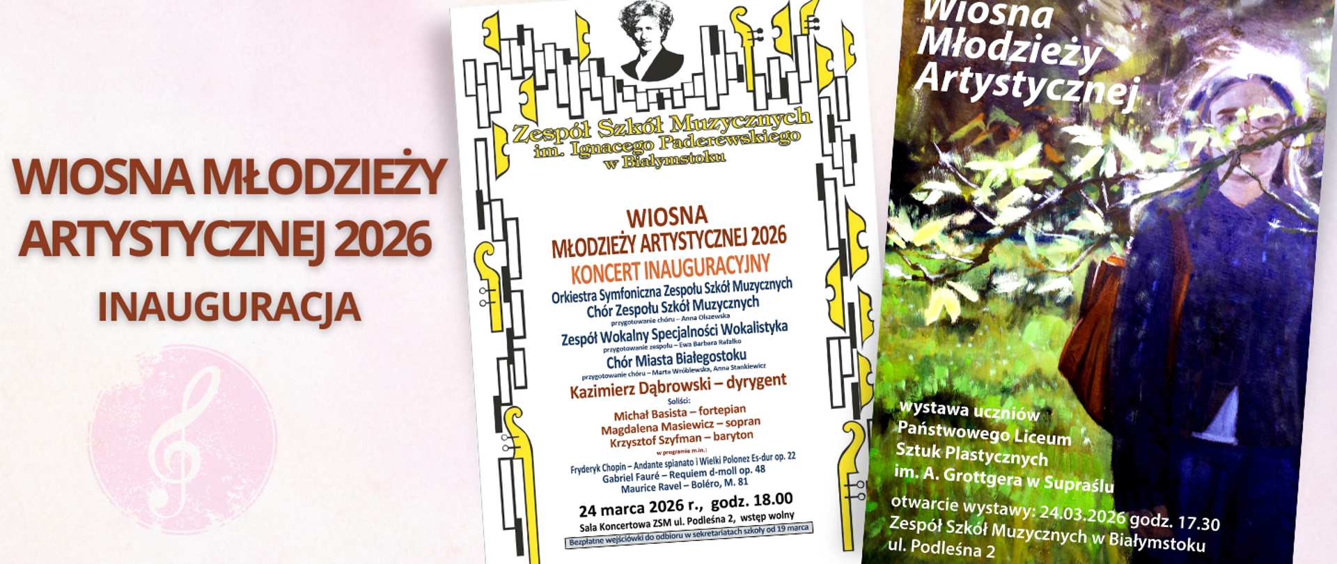Różowo-fioletowa grafika z brązowym napisem "wiosna młodzieży artystycznej 2026, inauguracja", po prawej stronie miniatura plakatów zapraszających na wydarzenie.