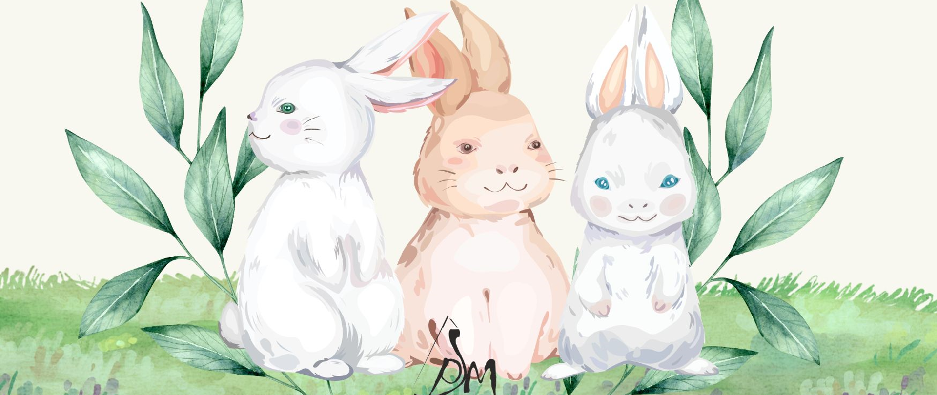 Zdjęcie w jasnych kolorach, przedstawia trzy zające siedzące na zielonej trawie. W górnej części widać napis " Wesołego Alleluja! ", na dole logo szkoły.