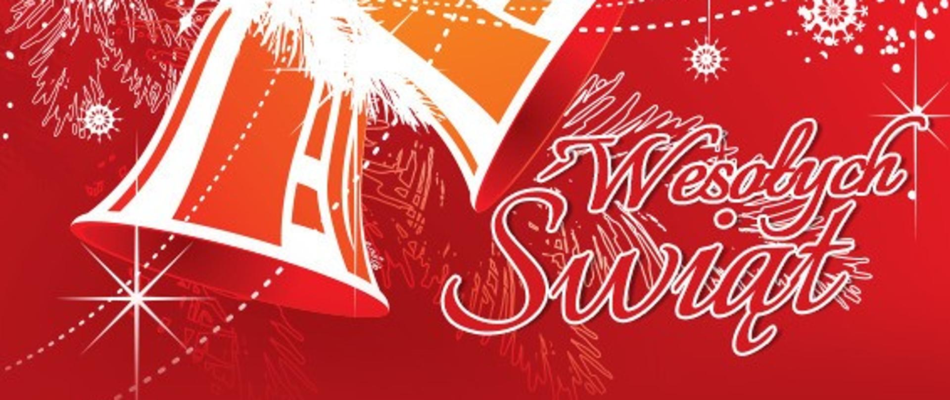 Czerwone tło. Od góry dzwoneczki, przy nich białe gwiazki i napis "Weosłych Swiąt"