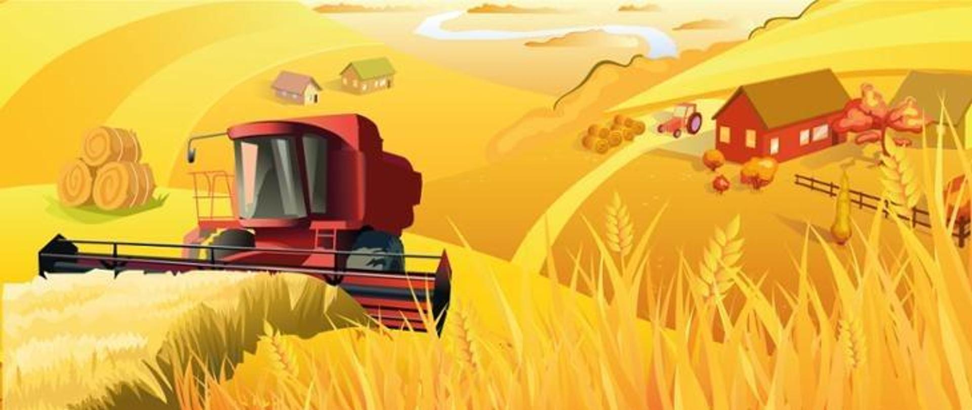 Obrazek, rysunek przedstawia maszynę rozliczą, kombajn zbożowy, który kosi zboże. Żółte tło. W oddali domki.