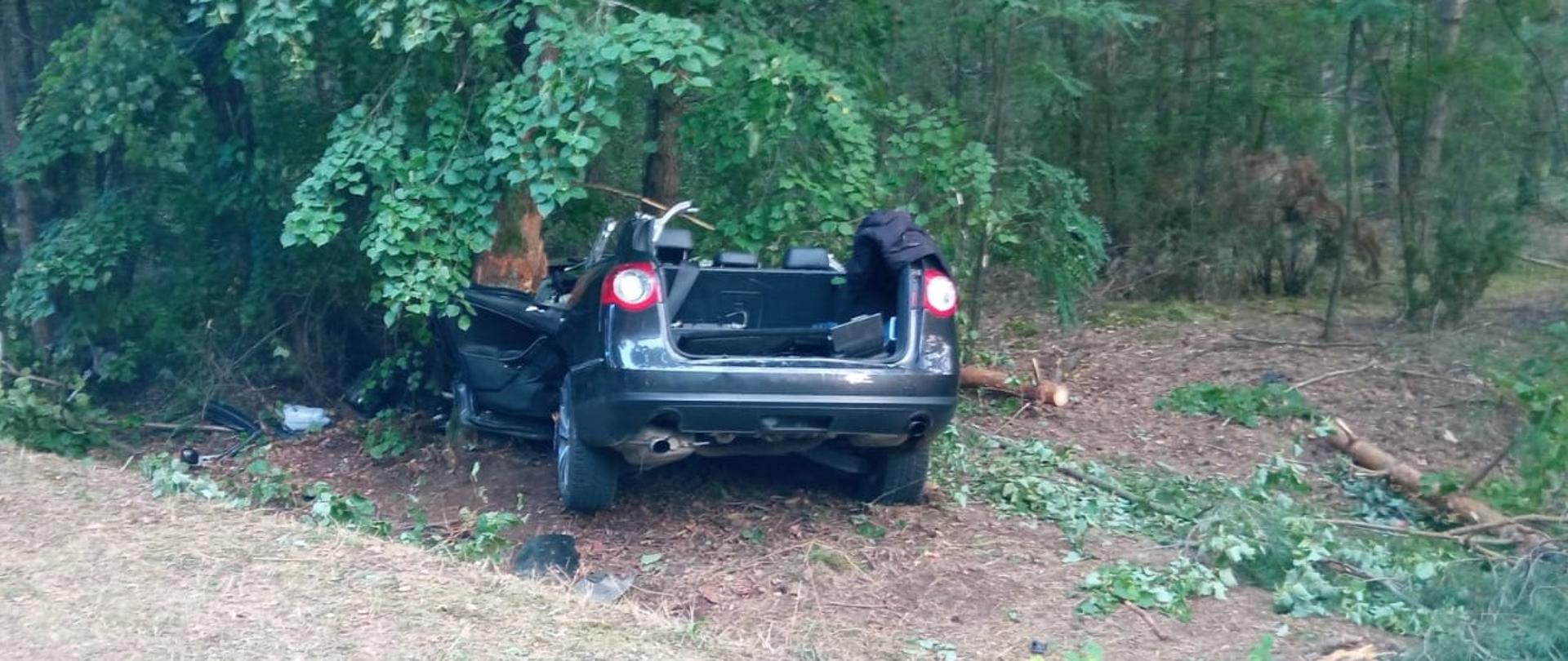 W rowie obok drogi w lesie stoi samochód , który uderzył w drzewo. Ma obcięty dach.