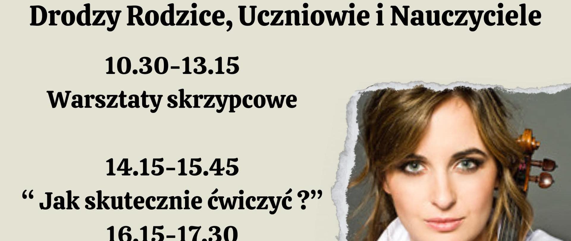 Plakat wykonany na kremowym tle. Po prawej stronie na środku zdjęcie Pani Anny Wandtke w białej bluzce trzymającej skrzypce. Obok zdjęcia po lewej stronie nutki.