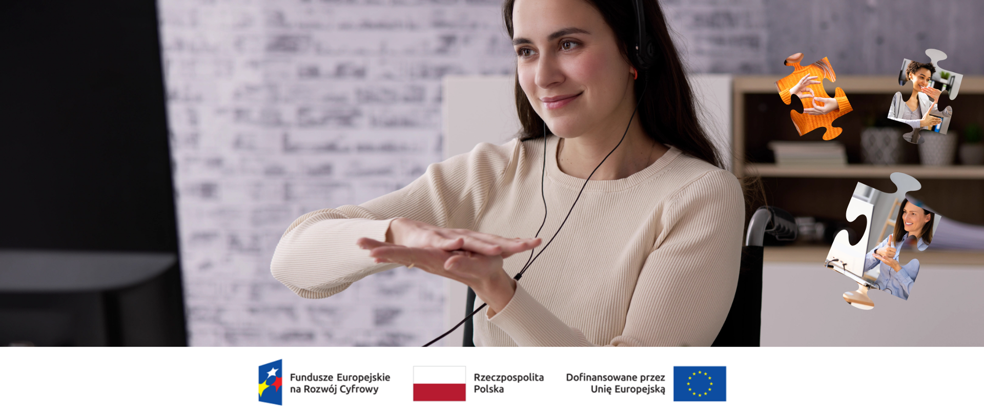 Zdjęcie przedstawia kobietę używającą języka migowego, która prowadzi wideorozmowę przez komputer.