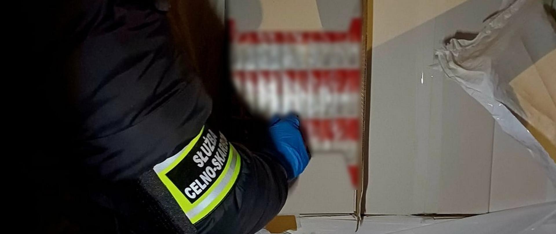 Ramię funkcjonariusza Służby Celno-Skarbowej i otwarty karton z papierosami z przemytu.