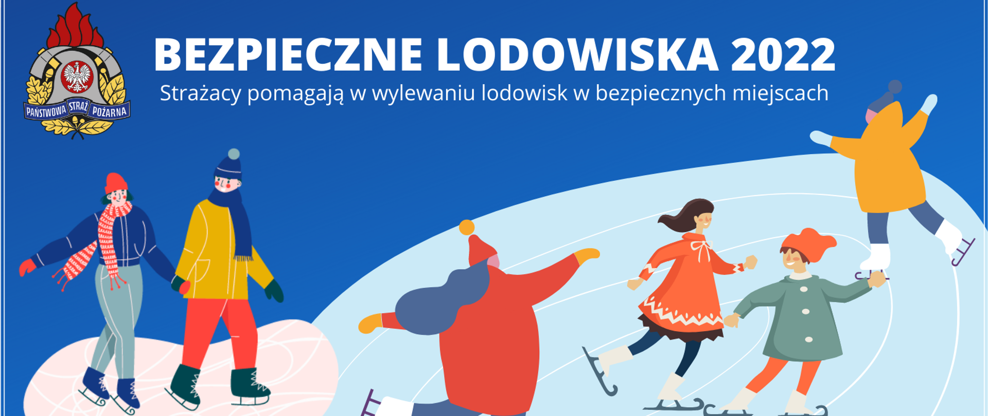Plakat akcji "Bezpieczne lodowiska". Grafika. Dzieci i dorośli jeżdżą na łyżwach po zamarzniętym lodzie.