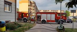 Na zdjęciu widać mur budynku. Przed budynkiem kostka brukowa i zielona trawa. Widać sprzęt straży pożarnej. Zdjęcie zrobione w ciągu dnia. Delikatne zadymienie.