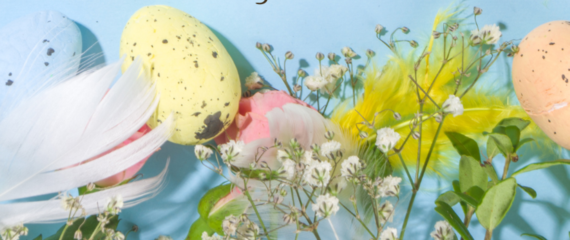 Plakat, jasnoniebieskie tło u góry i na dole zdjęcia przedstawiające pisanki wielkanocne kwiaty zioła oraz kolorowe ptasie pióra wszystko utrzymane w pastelowych kolorach pośrodku napis czcionką ozdobną Zdrowych spokojnych i wesołych Świąt Wielkanocnych wielu radości i szczęścia w gronie rodzinnym wszystkim uczniom rodzicom i melomanom życzą dyrektor oraz pracownicy Państwowej Szkoły muzycznej pierwszego stopnia im Jerzego Hellera w Głuchołazach