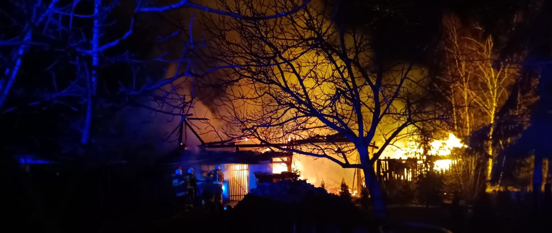 Na zdjęciu widać paląca się stodołe, i strażaków z liniami gaśniczymi podczas akcji gaszenia pożaru, cała konstrukcja stodoły objęta pożarem.