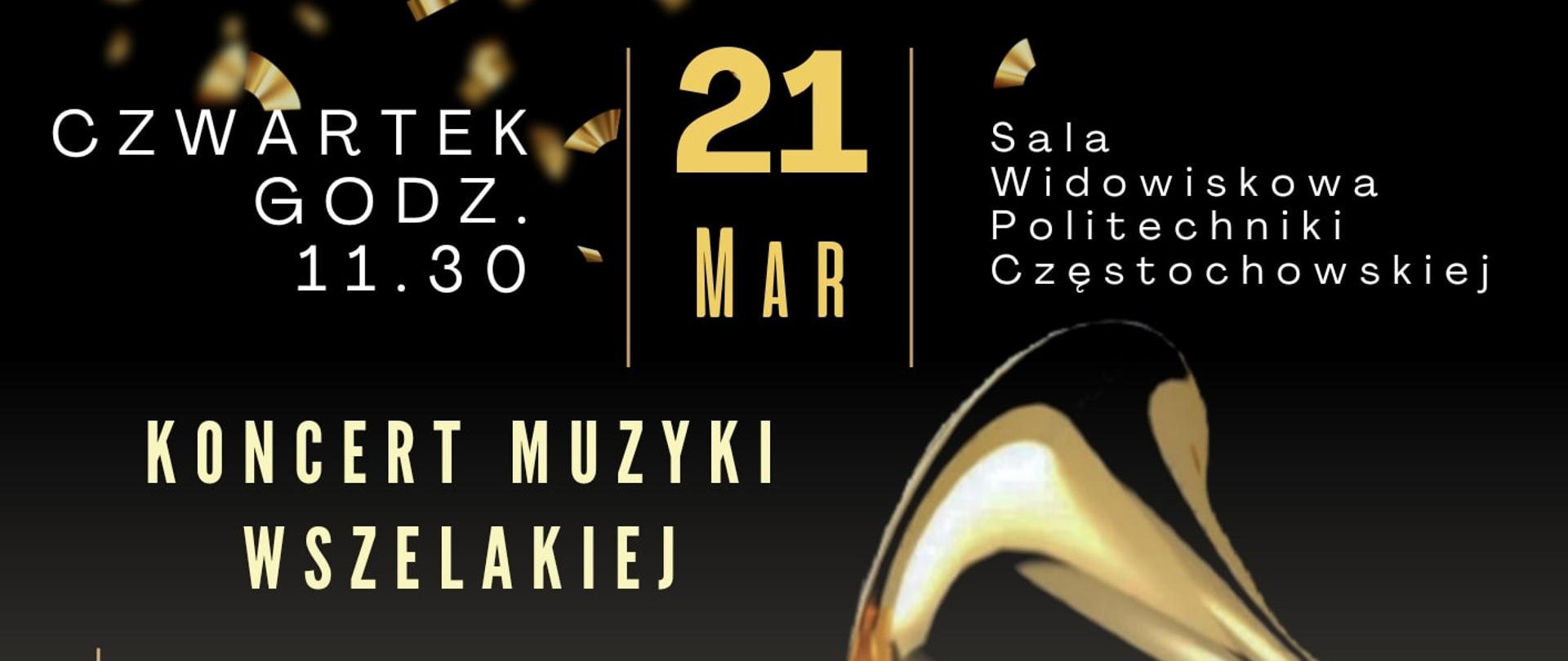 Czarne tło z gramofonem, informacje dotyczące koncertu muzyki wszelakiej w ZSM im. M. J. Żebrowskiego