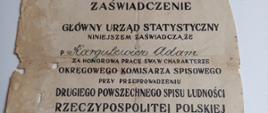 Zaświadczenie z GUS o przyznaniu Adamowi Kargulewiczowi odznaki "Za ofiarną pracę" w związku z pracą w charakterze okręgowego komisarza spisowego podczas Drugiego Powszechnego Spisu Ludności RP