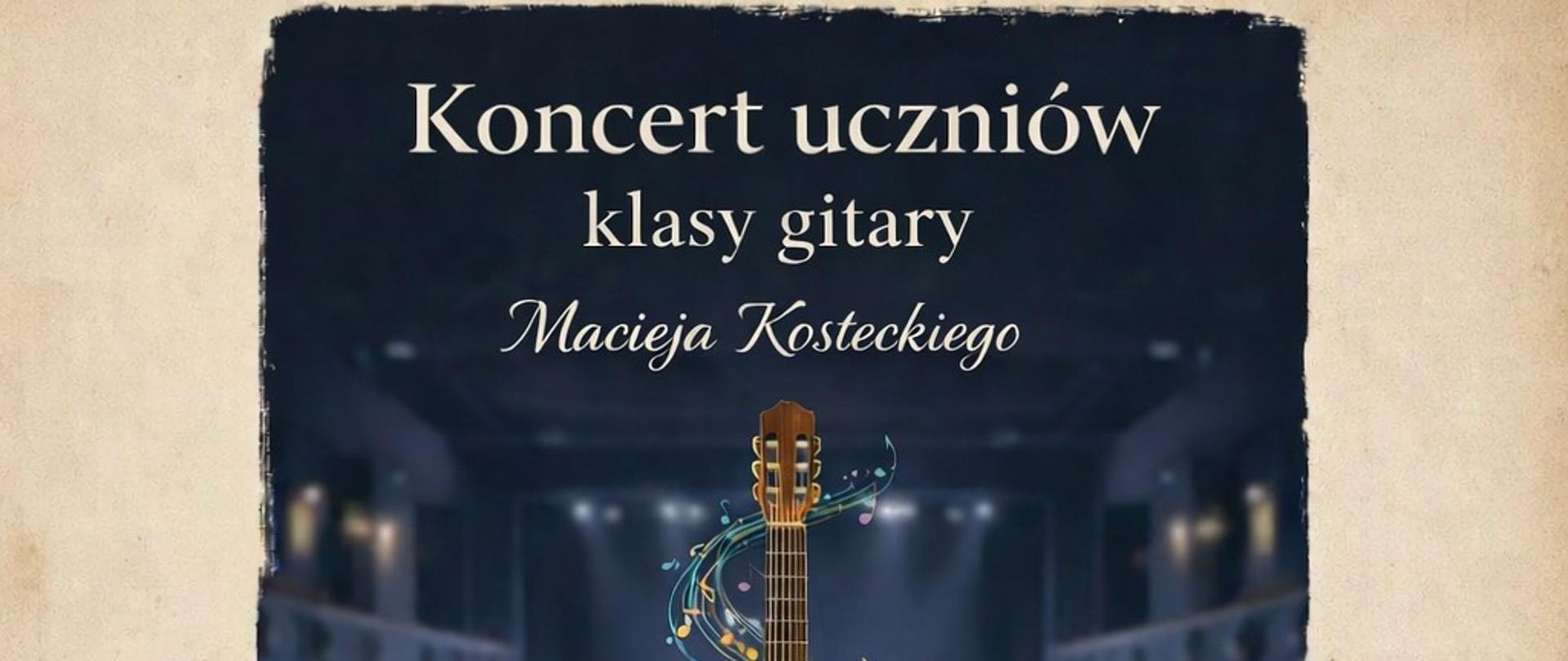 Kolorowa grafika z informacją o terminie koncertu uczniów klasy gitary