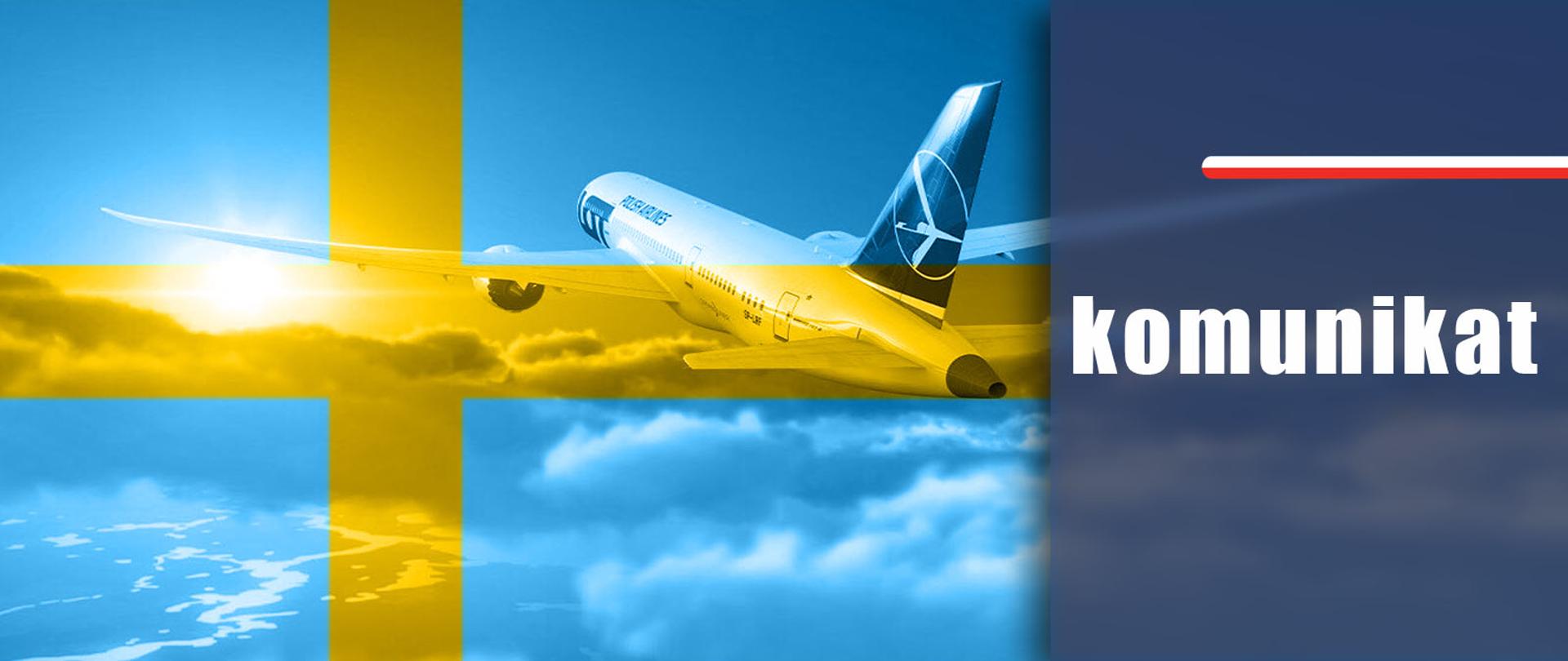 Samolot na niebie z nałożoną flagą Szwecji i napis komunikat