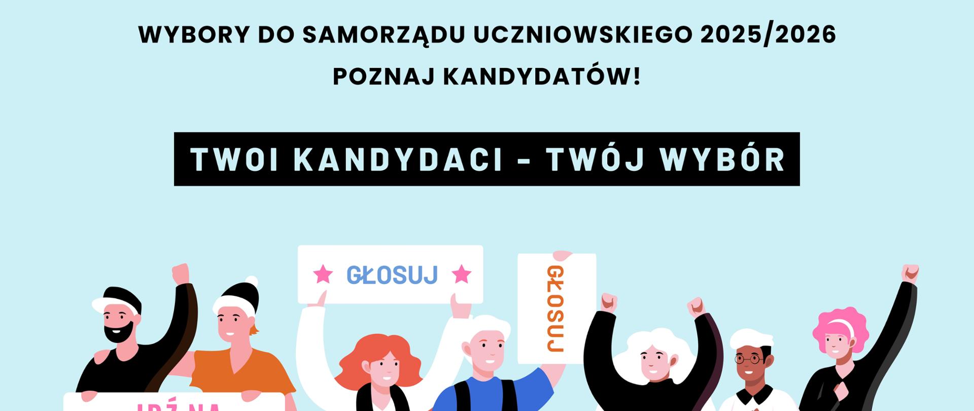 Grafika przedstawiająca młodych ludzi zachęcających do udziału w wyborach do samorządu uczniowskiego