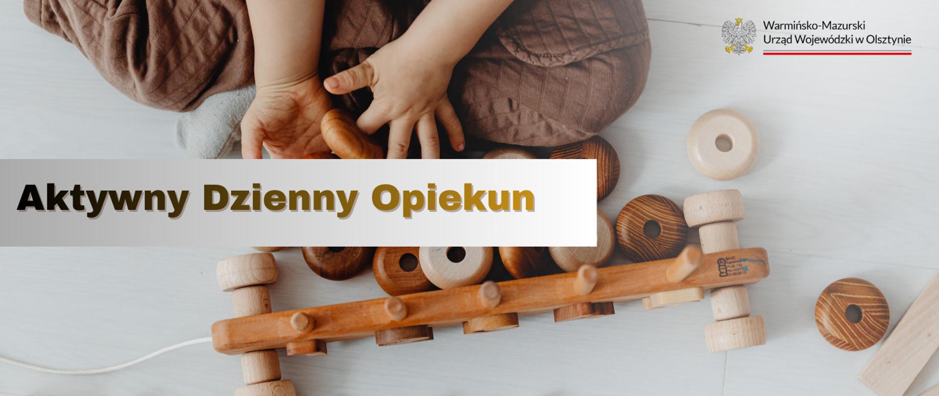 Grafika z napisem Aktywny dzienny opiekun, widoczne ręce dziecka i drewniane klocki.