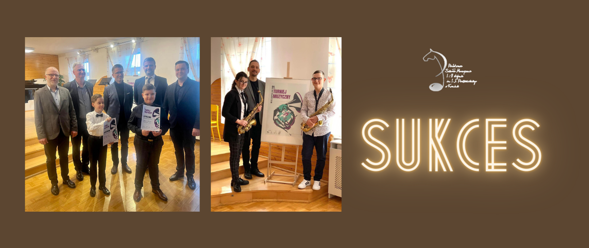 Zdjęcia laureatów, jury i nauczycieli, obok napis sukces i logo PSM w Koninie
