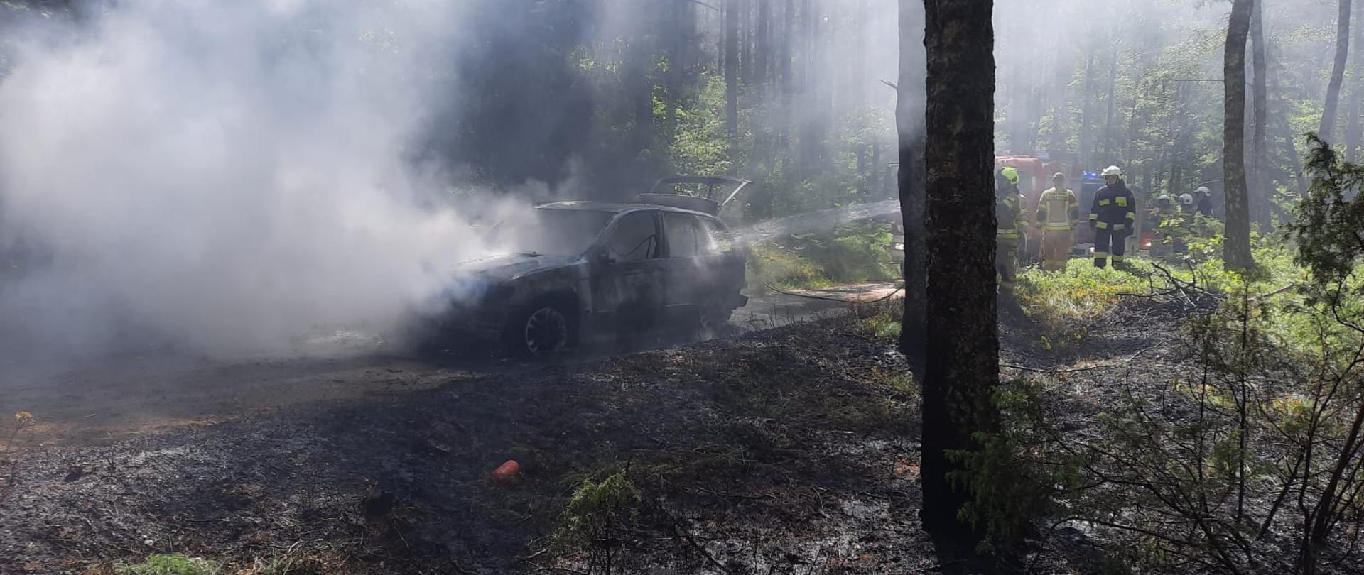 Na zdjęciu kłęby dymu wydobywające się ze dogaszanego samochodu osobowego, nadpalana ściółka w lesie