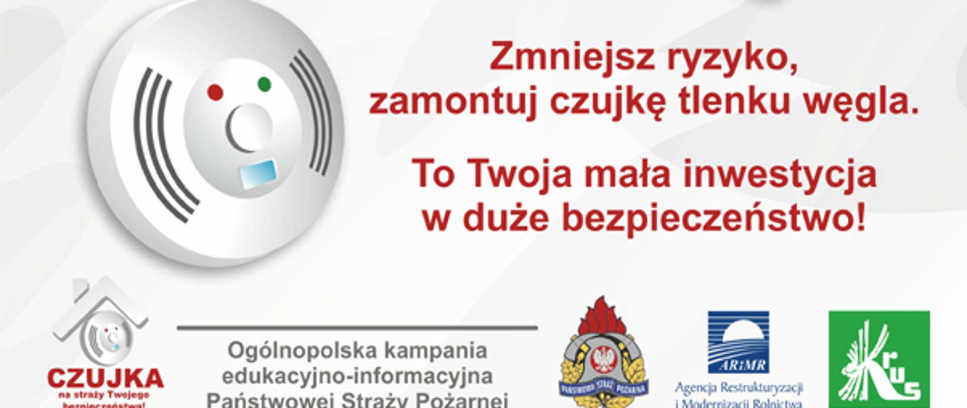 Plakat przedstawia objawy tj. przyspieszona czynność serca, osłabienie, ból głowy, duszność, senność mogące świadczyć o obecności tlenku węgla w pomieszczeniu