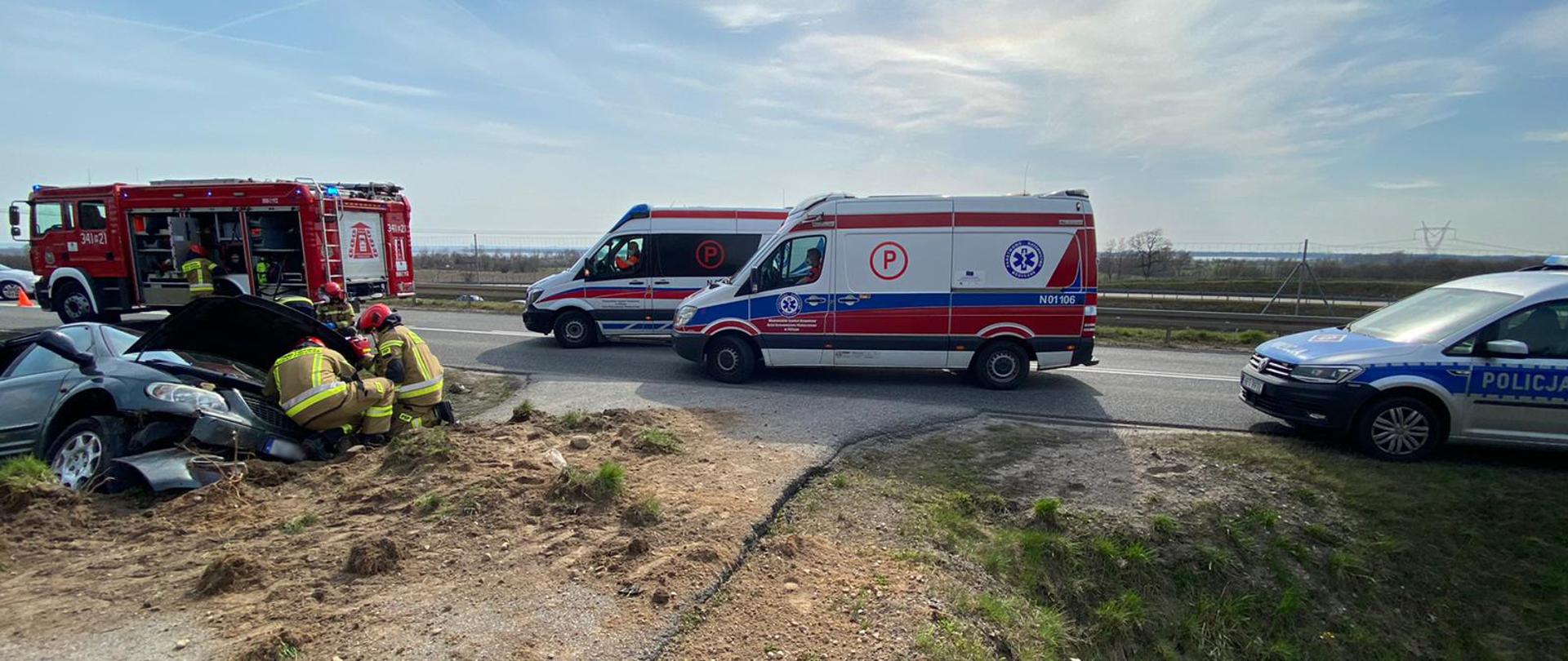 Z lewej strony widoczny w rowie rozbity minivan. Obok znajdują się strażacy którzy udzielają pomocy osobom poszkodowanym, za nimi na drodze stoi wóz strażacki, obok widoczne dwa pojazdy zespołów ratownictwa medycznego oraz radiowóz.