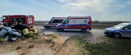 Z lewej strony widoczny w rowie rozbity minivan. Obok znajdują się strażacy którzy udzielają pomocy osobom poszkodowanym, za nimi na drodze stoi wóz strażacki, obok widoczne dwa pojazdy zespołów ratownictwa medycznego oraz radiowóz.