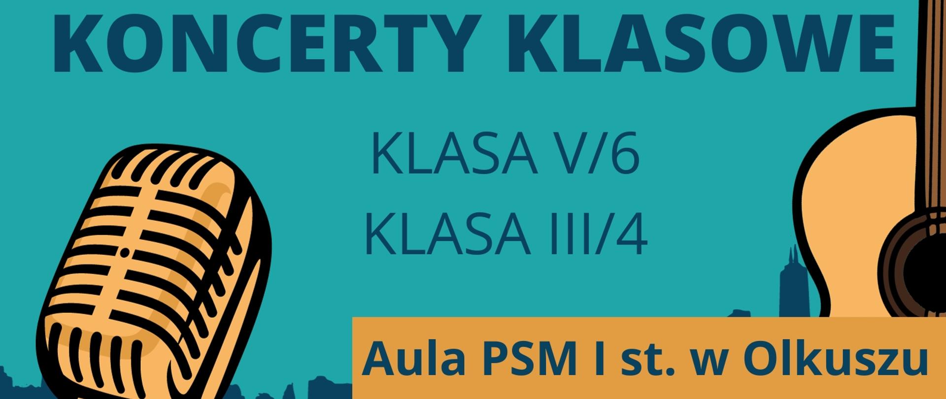 niebiesko żółte tło na dole, klawisze fortepianowe i mikrofon, zarys gitary z prawej strony i na górze pięciolinia i trąba