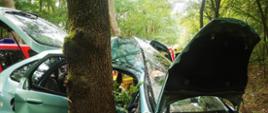 Turkusowy pojazd z uszkodzonym prawym bokiem, drzewo wbite w połowę samochodu, podniesiona maska samochodu i tylna klapa bagażnika, widać jednego strażaka i samochody straży pożarnej