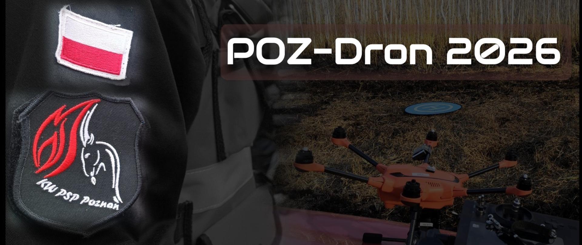 Grafika przedstawiająca logo komendy wojewódzkiej PSP i drona w tle wraz z napisem