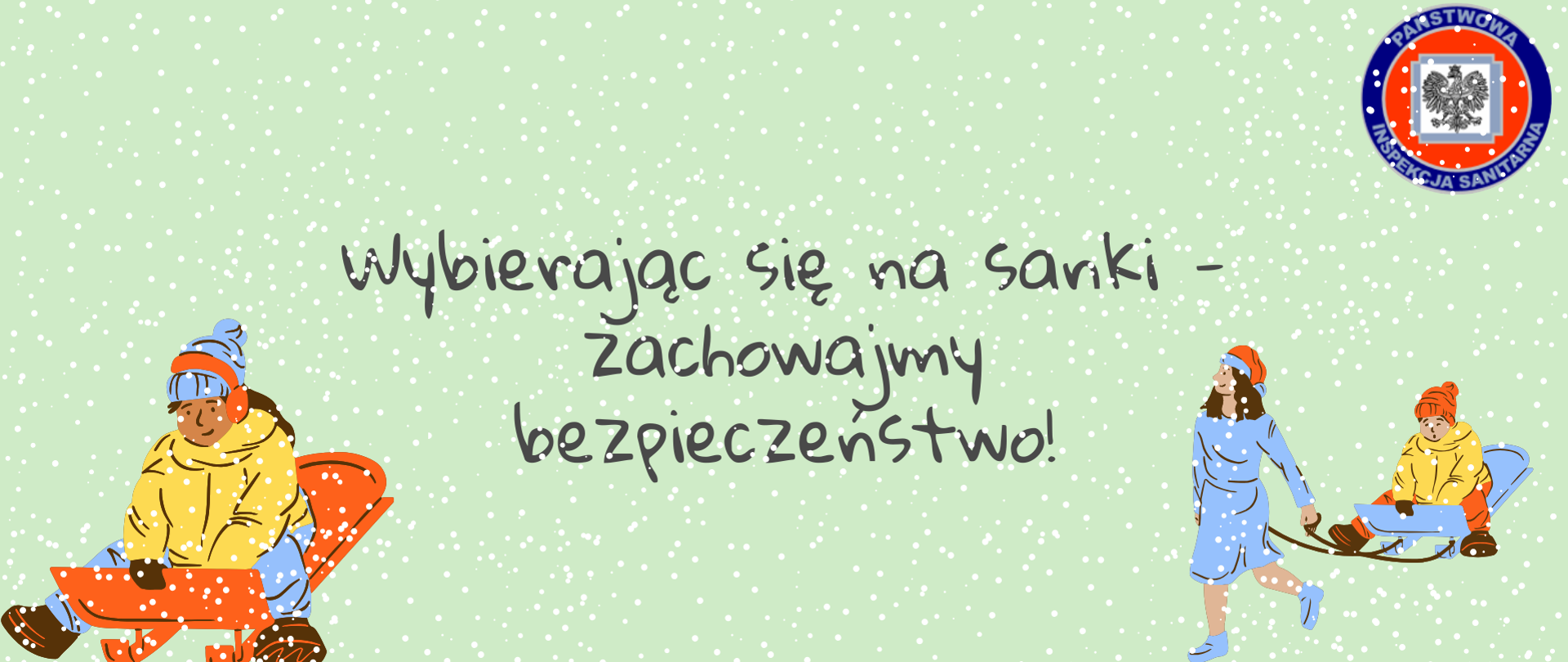 Grafika przedstawia osoby wybierające się na sanki podczas ferii zimowych