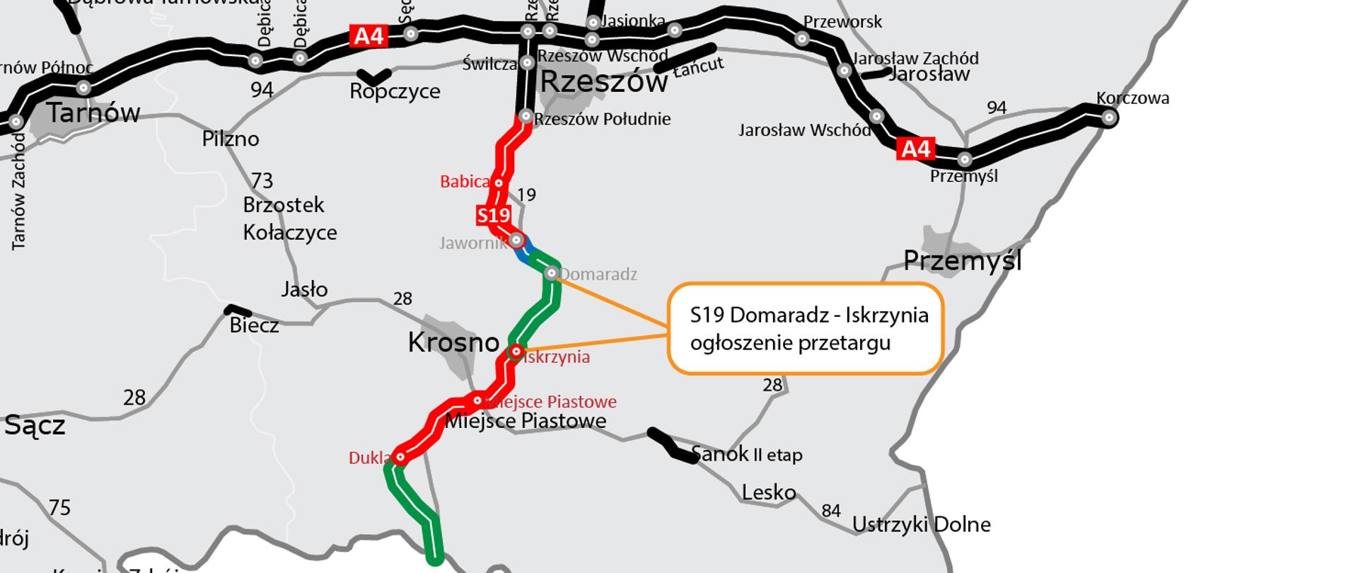 Mapa woj. podkarpackiego z zaznaczonymi odcinkami dróg krajowych i odc. S19 Domaradz - Iskrzynia na który ogłoszony został przetarg