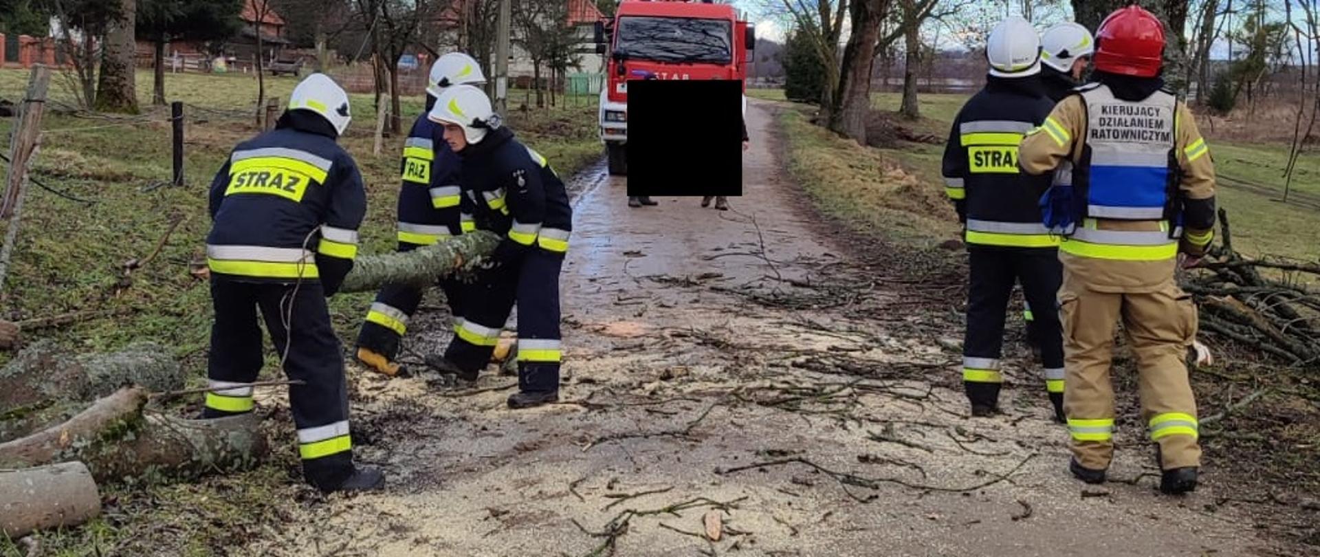 6 strażaków usuwa z drogi połamane konary drzewa. Za nimi stoi samochód gaśniczy a w oddali widać zabudowania. 
