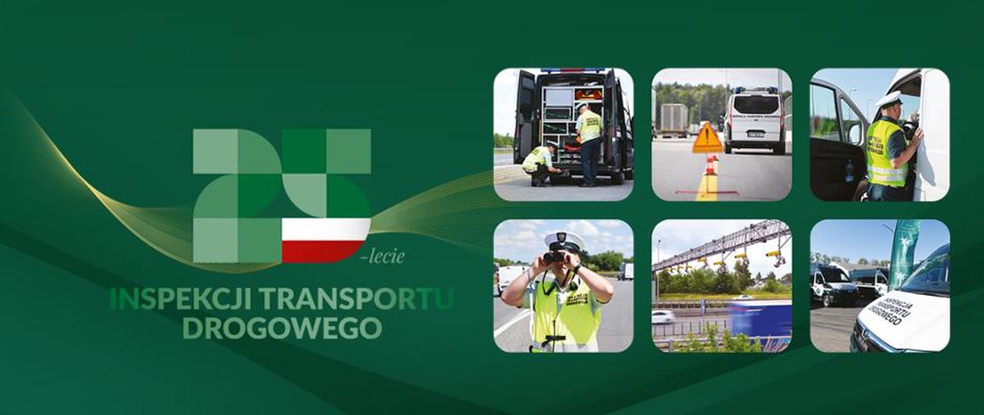 Grafika na okoliczność 25-lecia Inspekcji Transportu Drogowego z kilkoma zdjęciami przedstawiającymi inspektorów i sprzęt ITD