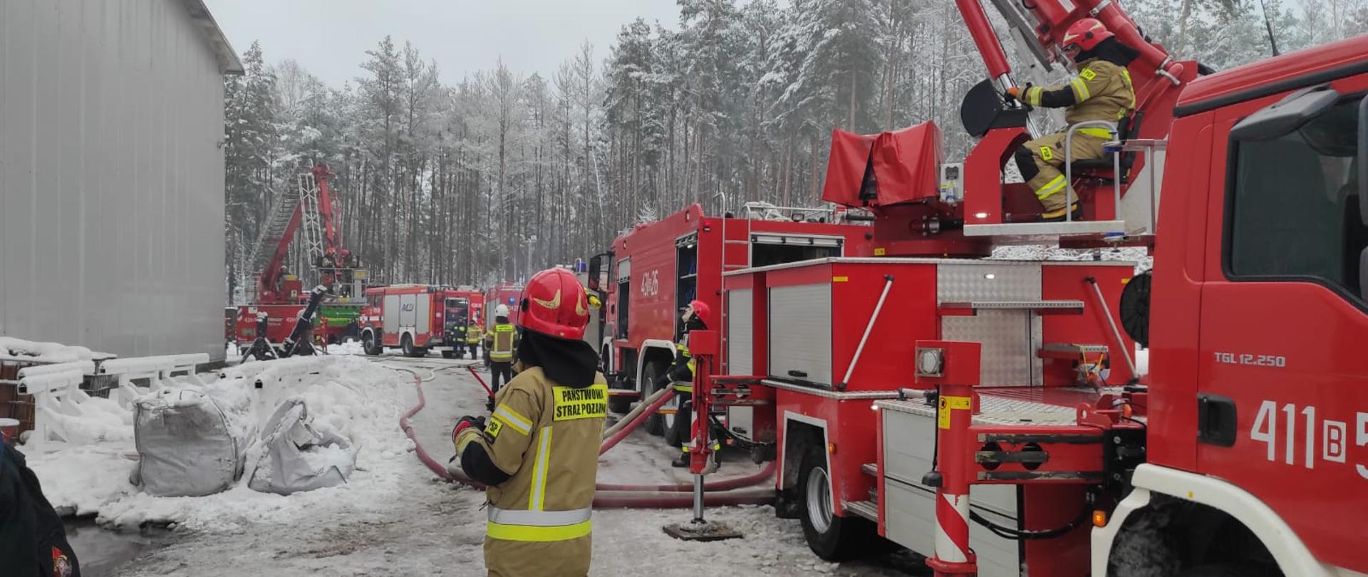 Na pierwszym planie strażak w piaskowym mundurze w czerwonym hełmie. Na zaśnieżonej drodze kilka samochodów czerwonych strażackich.